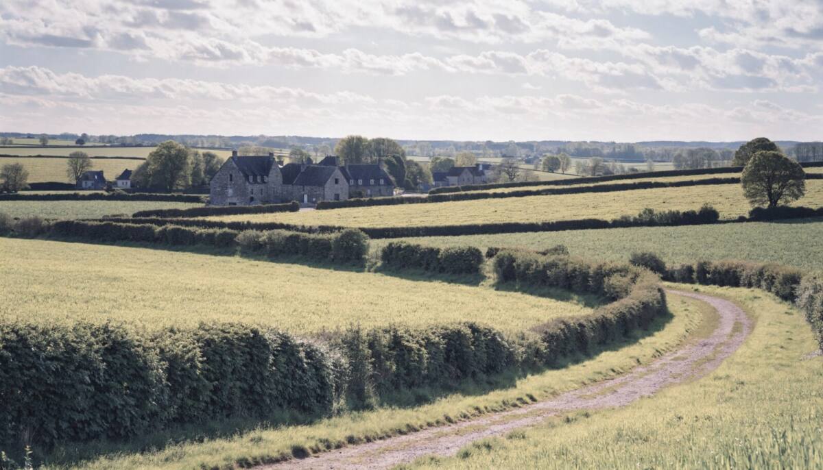 Campagne du Morbihan : petits champs bordés de talus et hameau de maisons en granit