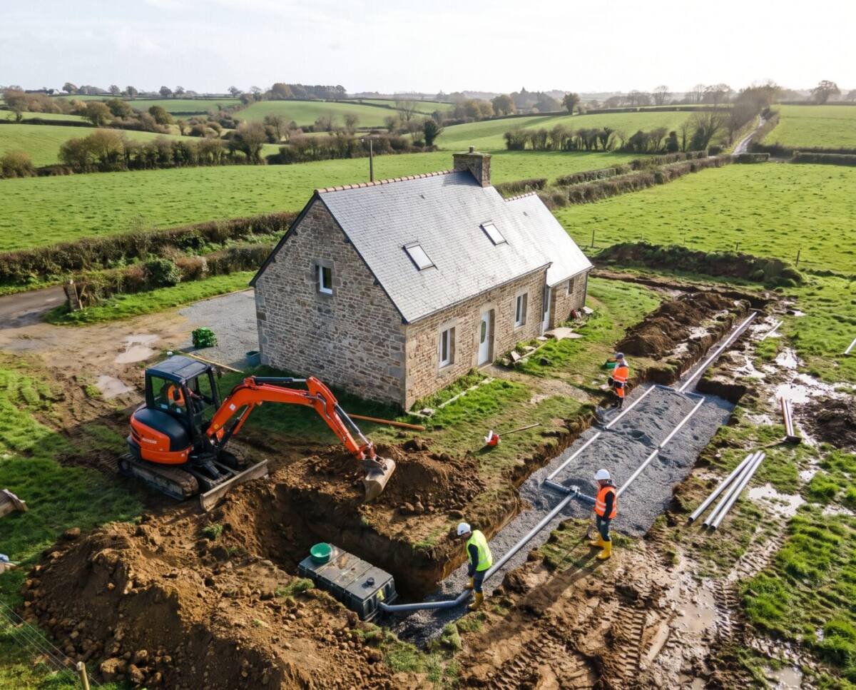 Vue aérienne d’un chantier d’assainissement non collectif en Bretagne : fouille, cuve et lit d’épandage