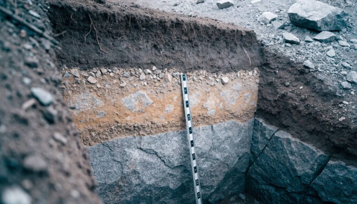 Coupe de sol dans une tranchée bretonne montrant la terre végétale, l’arène granitique et la roche saine