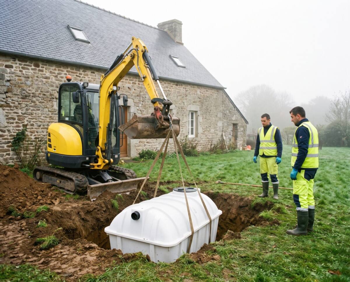 Descente d’une cuve d’assainissement dans la fouille à l’aide de sangles et d’une mini-pelle