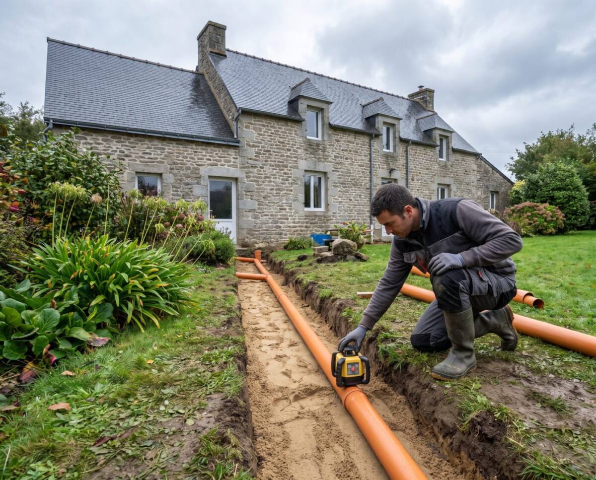 Pose des canalisations de raccordement sur lit de sable, calage à la pente au niveau laser
