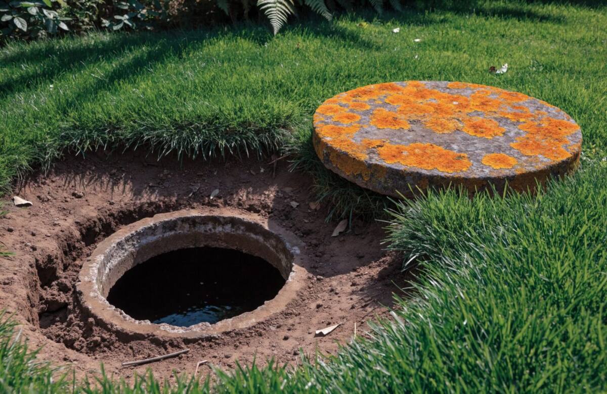 Regard d’une ancienne fosse septique ouvert dans un jardin, couvercle béton déposé sur la pelouse
